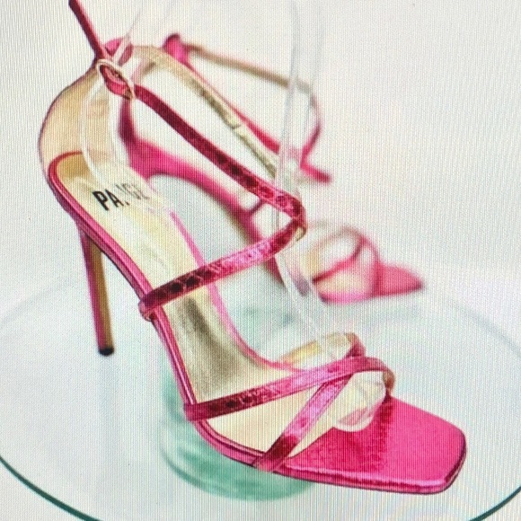 Paige Vera Stiletto Heels Metallic Pink Snakeskin Ankle Strap Strappy - Picture 1 of 2